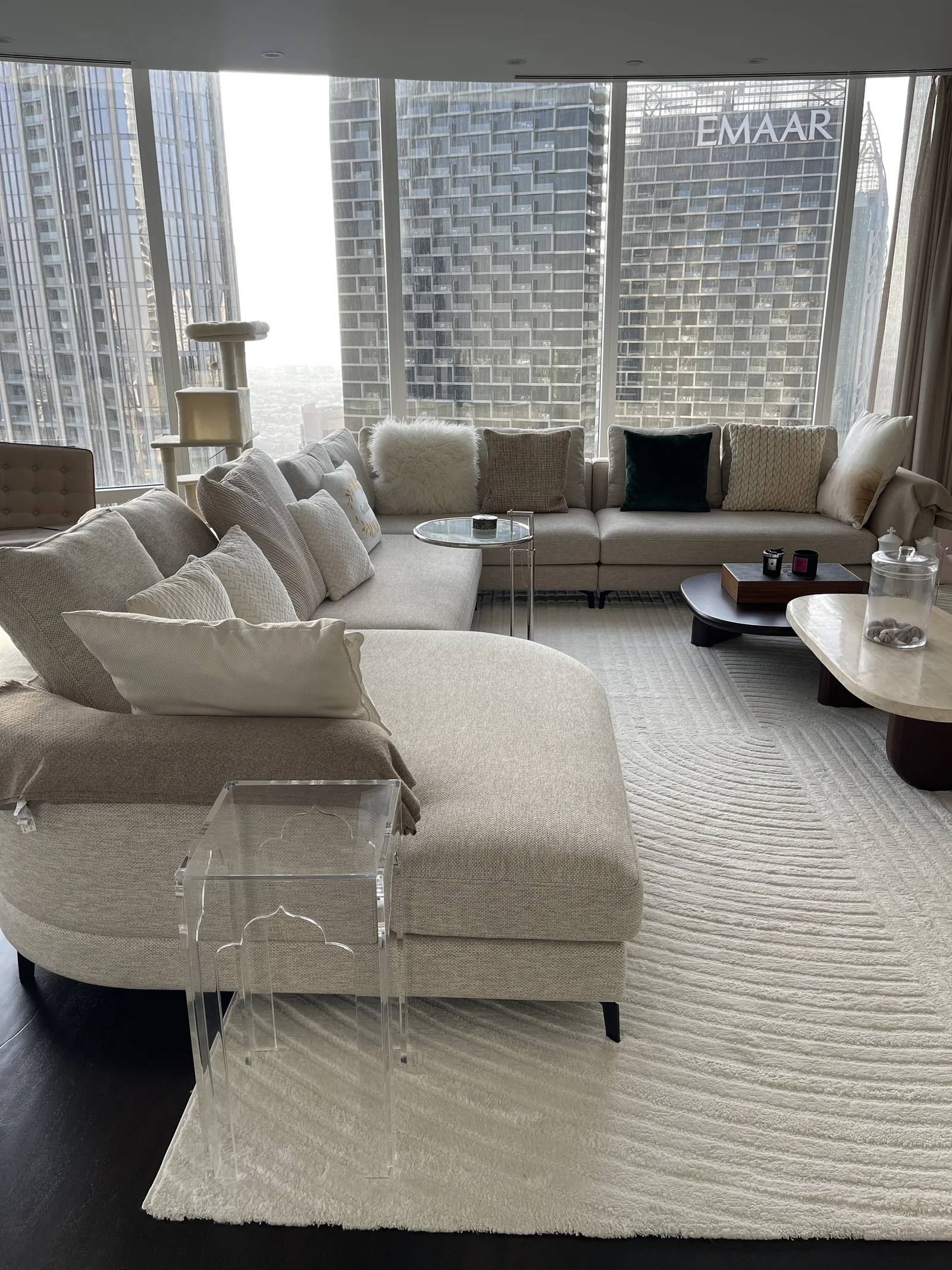 Curved modular sofa with panoramic windows.
