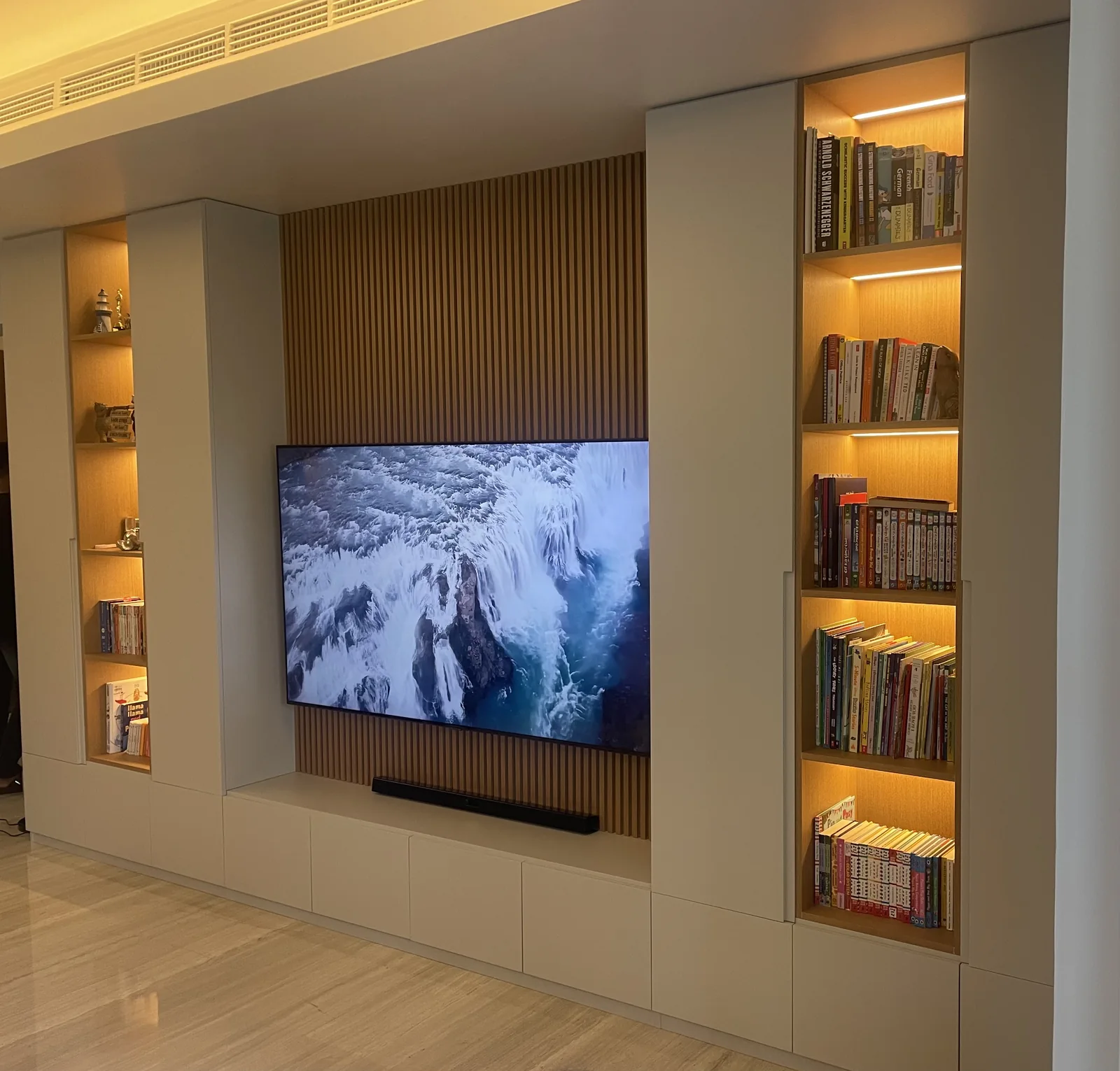 Right-hand shelves and media-console detail.