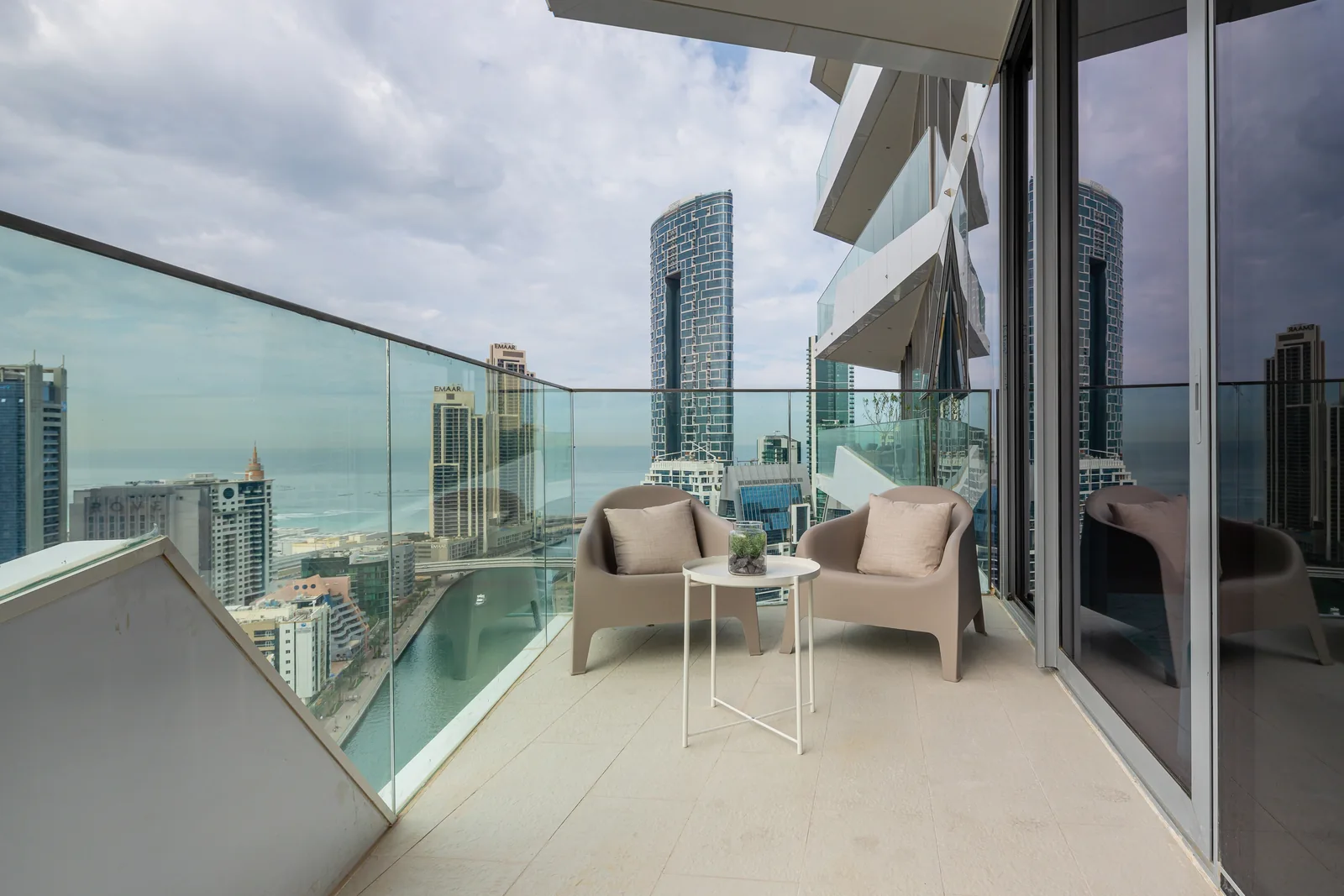 Balcony lounge chairs and side table.